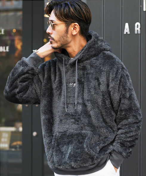 KANGOL / カンゴール 別注 コラボ オーバーサイズ ボア フリース プルオーバー パーカー | 裏起毛 ブランド ワンポイント フーディ おしゃれ ボア プルパーカー トレーナー フード トップス プレゼント ギフト