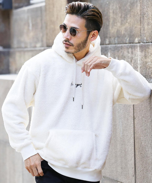 KANGOL / カンゴール 別注 コラボ オーバーサイズ ボア フリース プルオーバー パーカー | 裏起毛 ブランド ワンポイント フーディ おしゃれ ボア プルパーカー トレーナー フード トップス プレゼント ギフト