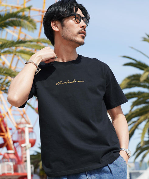 刺繍ロゴTシャツ│メンズ Tシャツ 刺繍 夏 半袖 綿100% コットン100 ワインポイントホワイト ブラック サーフ系 ストリート系 ロゴ クルーネック ユニセックス