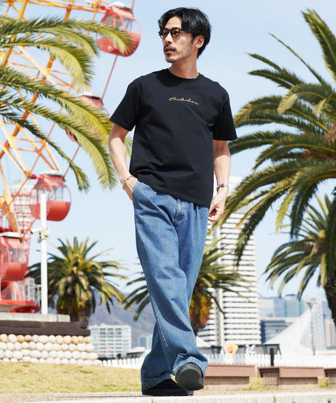 刺繍ロゴTシャツ│メンズ Tシャツ 刺繍 夏 半袖 綿100% コットン100 ワインポイントホワイト ブラック サーフ系 ストリート系 ロゴ クルーネック ユニセックス