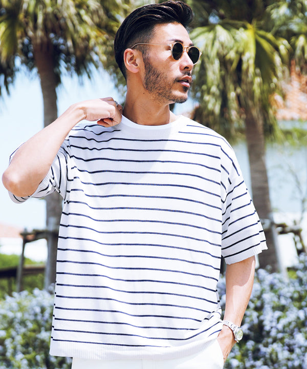 オフホワイト×ネイビー MODEL : GO 180cm 66kg Lsize