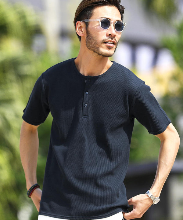 ワッフル ヘンリーネック TEE │ カットソー Tシャツ メンズ おしゃれ ティーシャツ 半袖 インナー サーマル生地 ワッフル トップス メンズファッション