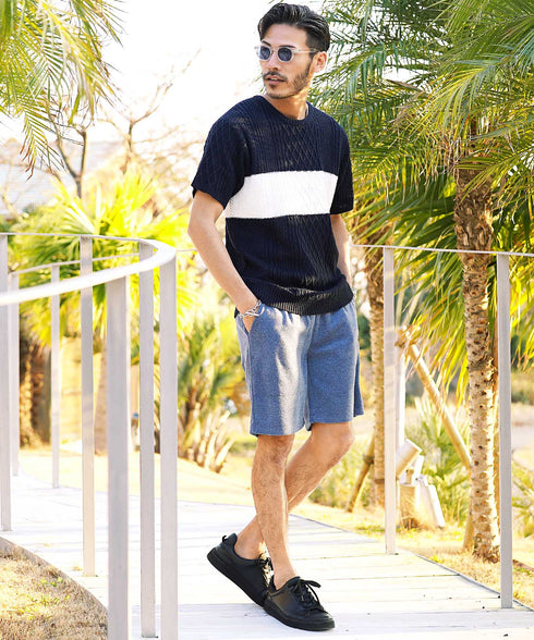 Aネイビー1ライン(クルーネック) MODEL : GO 180cm 66kg Lsize