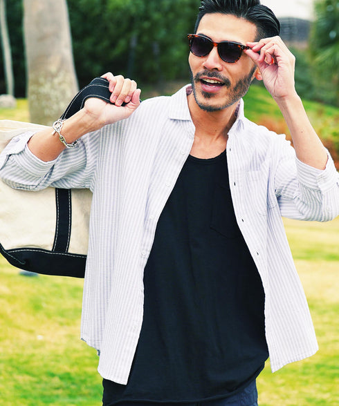 Aグレーストライプ(7分袖) MODEL : GO 180cm 66kg Lsize