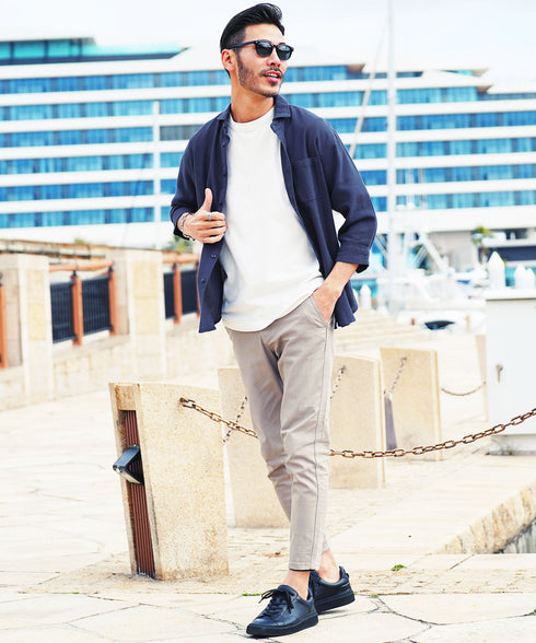 Aネイビー(7分袖) MODEL : GO 180cm 66kg Lsize