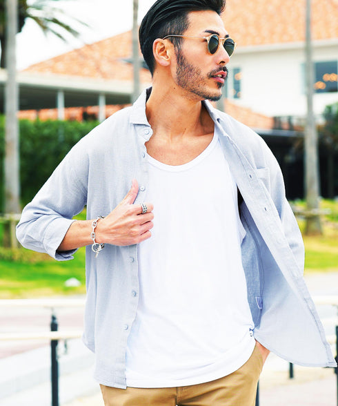 Aライトブルー(7分袖) MODEL : GO 180cm 66kg Lsize