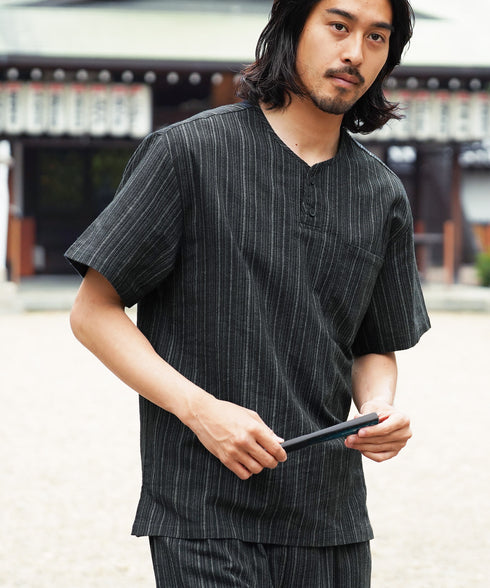 B灰縞しじら(ヘンリーネック)