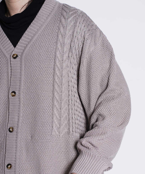 オーバーサイズ ケーブル編み 切替デザイン Vネック カーディガン OUTLET SALE 214738