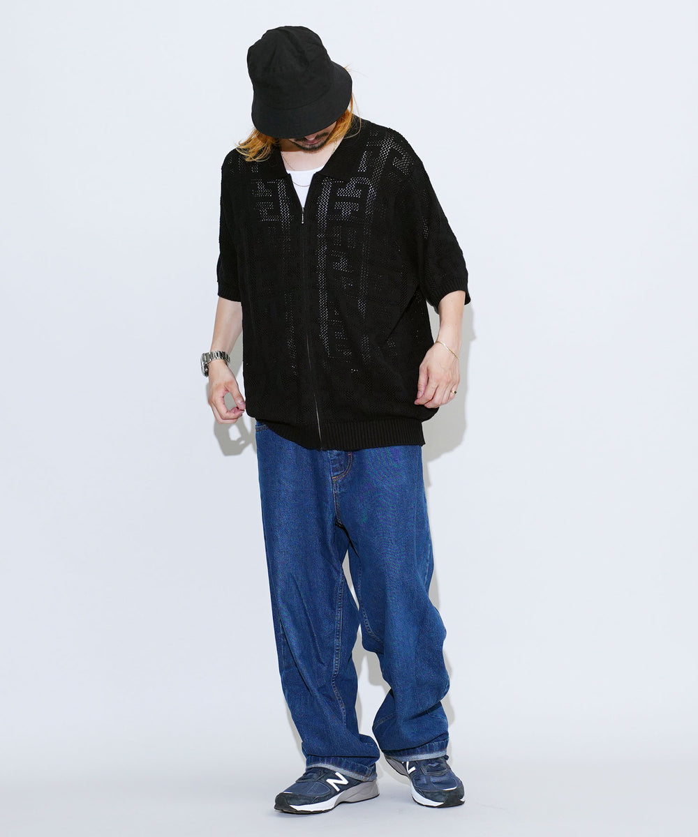 HUF サマーニット　フルジップ　Mサイズ HUF / ハフ MONOGRAM JACQUARD ZIP SWEATER ジップアップ サマーニット