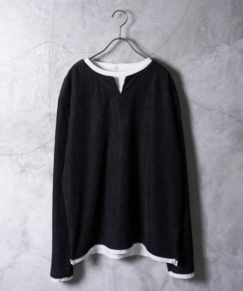 ジオメトリックジャガードフェイクキーネックロンT | トップス 長袖 レイヤード 春秋 メンズ