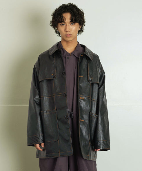 フェイクレザー ウエスタンヨーク 配色ステッチ ミドル丈 カーコート