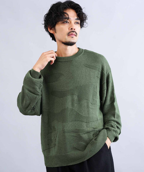 カモフラ ジャガードニット クルーネック セーター ロングスリーブ