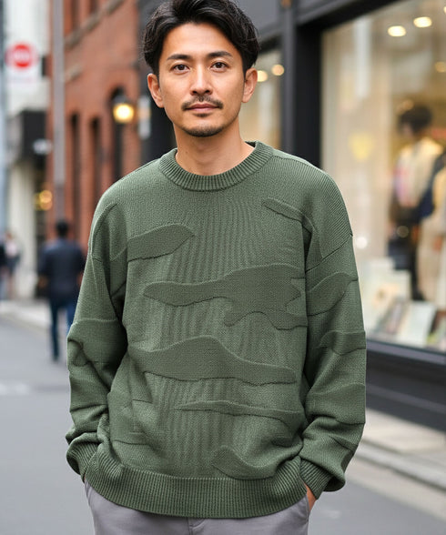 カモフラ ジャガードニット クルーネック セーター ロングスリーブ