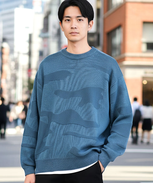カモフラ ジャガードニット クルーネック セーター ロングスリーブ