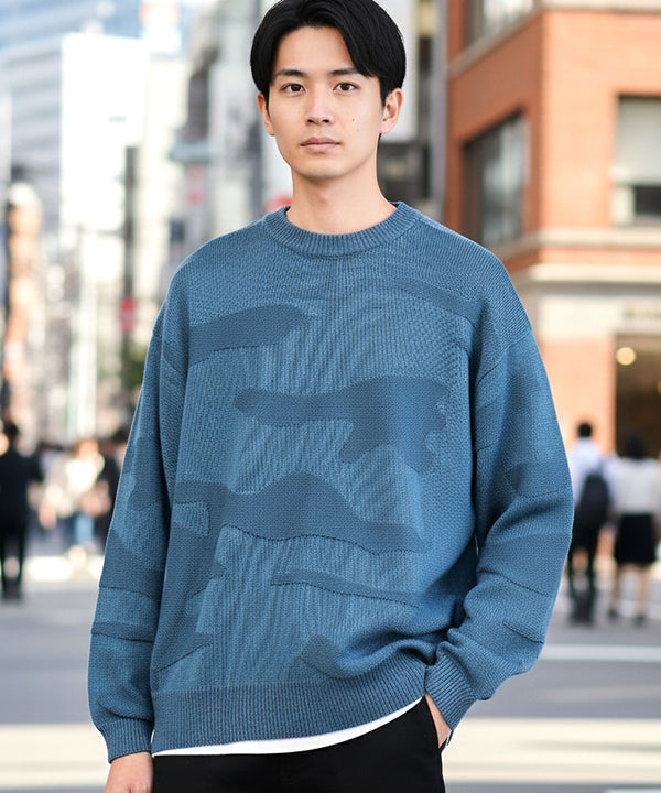 カモフラ ジャガードニット クルーネック セーター ロングスリーブ