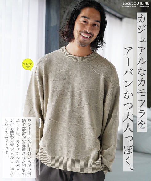 カモフラ ジャガードニット クルーネック セーター ロングスリーブ