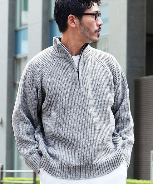 ハーフZIP畦ニット | ドライバーズニット メンズ 畦編み ハーフジップ ニット セーター 畦編みニット あぜ編み 秋服 冬服 メンズニット 厚手 冬 暖かい あったか 秋 秋冬 モック モックネック ハイネック ジップ
