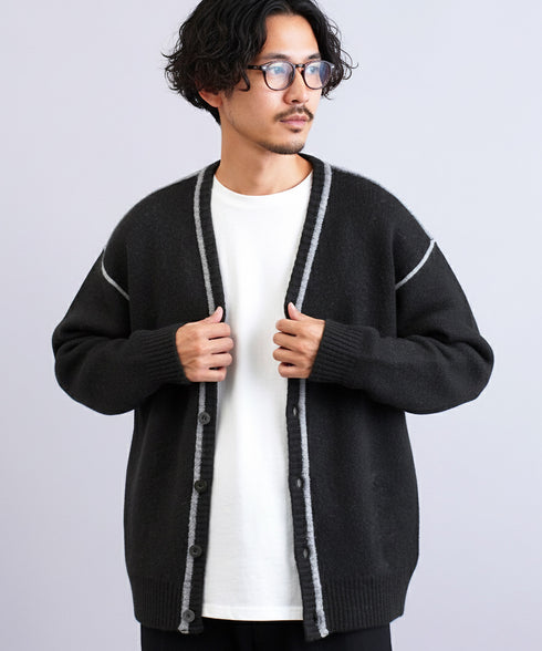 ふわもち 配色カーディガン | 長袖 ウール混 ニット クルーネック ウール混 長袖 ストレスフリー トップス