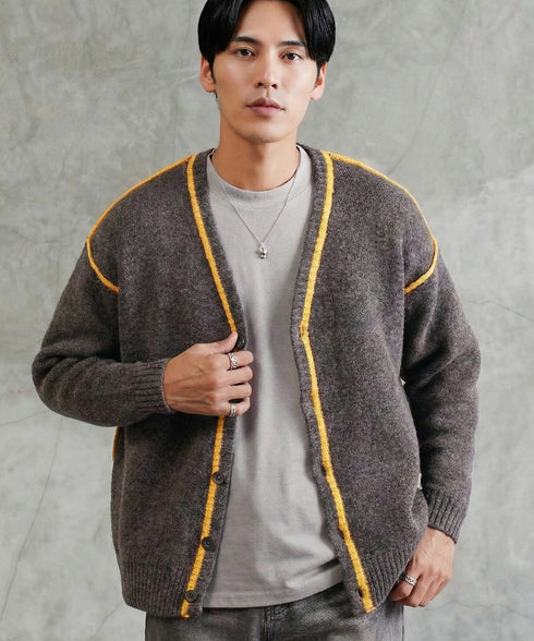 ふわもち 配色カーディガン | 長袖 ウール混 ニット クルーネック ウール混 長袖 ストレスフリー トップス