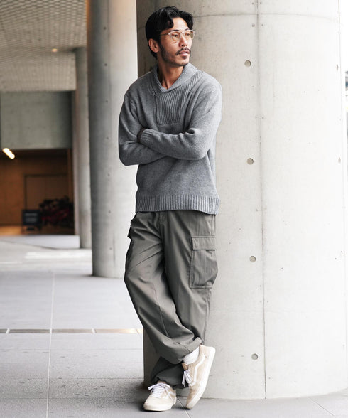 ショールハーフジップ畦ニットセーター