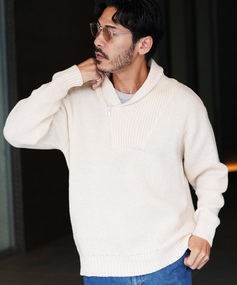 ショールハーフジップ畦ニットセーター