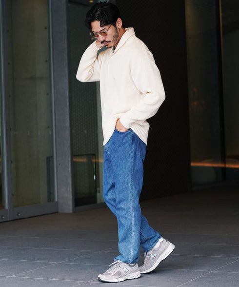 ショールハーフジップ畦ニットセーター