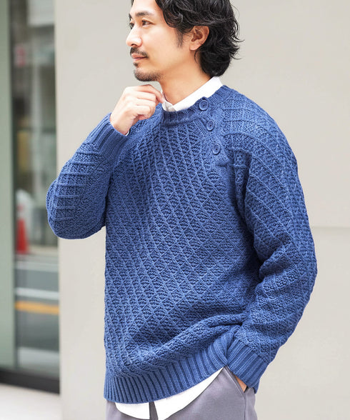 ショルダーボタン アーガイルワッフルニットセーター