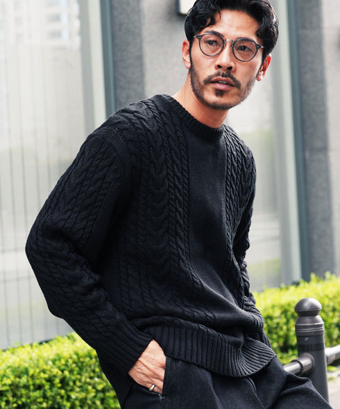 ケーブルクルーニット | ニット クルーネック セーター メンズ 洗える ニットセーター ウォッシャブル トップス 黒 白 秋 秋服 秋物 冬 冬服 冬物 春 春服 春物