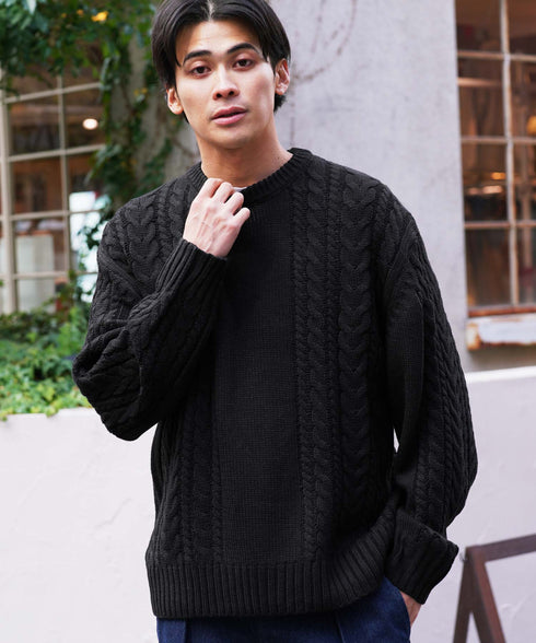 ケーブルクルーニット | ニット クルーネック セーター メンズ 洗える ニットセーター ウォッシャブル トップス 黒 白 秋 秋服 秋物 冬 冬服 冬物 春 春服 春物