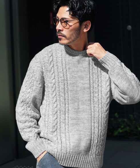 ケーブルクルーニット | ニット クルーネック セーター メンズ 洗える ニットセーター ウォッシャブル トップス 黒 白 秋 秋服 秋物 冬 冬服 冬物 春 春服 春物