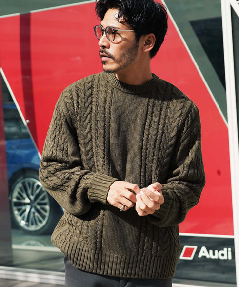 ケーブルクルーニット | ニット クルーネック セーター メンズ 洗える ニットセーター ウォッシャブル トップス 黒 白 秋 秋服 秋物 冬 冬服 冬物 春 春服 春物