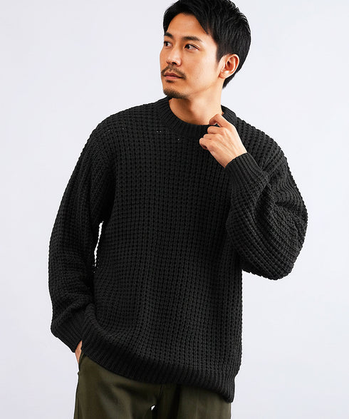 ビッグワッフルクルーニットセーター | メンズニット セーター クルーネック ローゲージ オレンジ 服 秋服 冬服 春服 秋 冬