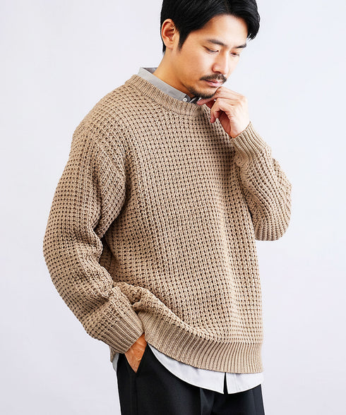 ビッグワッフルクルーニットセーター | メンズニット セーター クルーネック ローゲージ オレンジ 服 秋服 冬服 春服 秋 冬