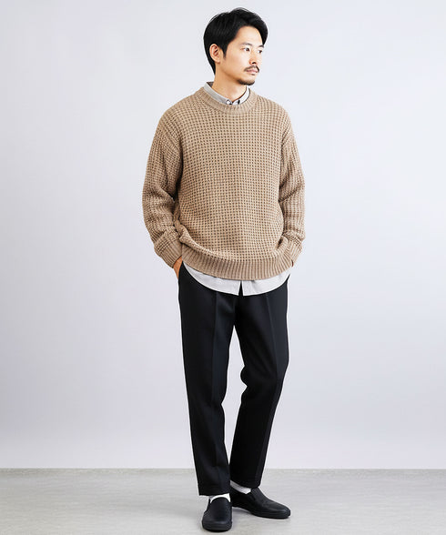 ビッグワッフルクルーニットセーター | メンズニット セーター クルーネック ローゲージ オレンジ 服 秋服 冬服 春服 秋 冬