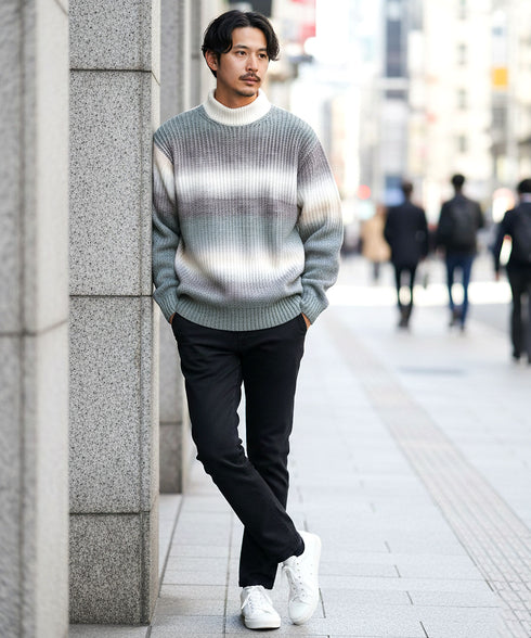 グラデーション畦モックネックニットセーター