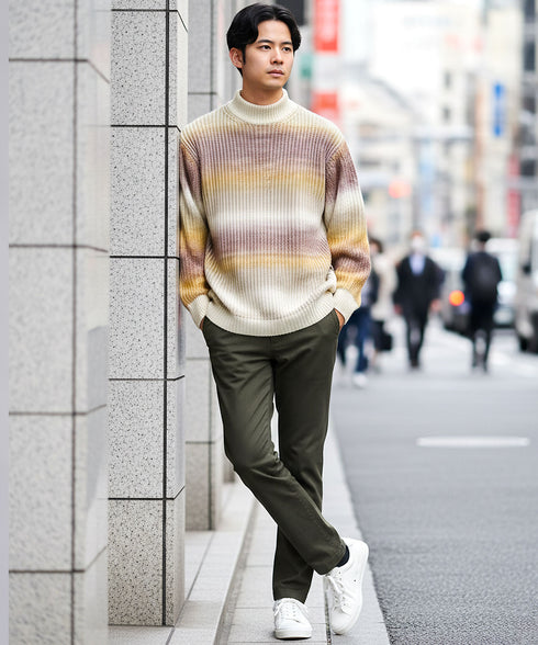 グラデーション畦モックネックニットセーター