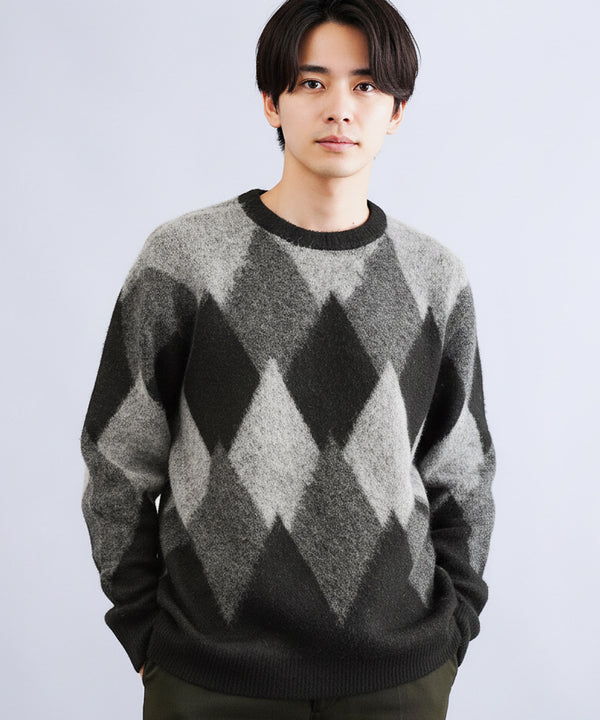 モヘアタッチ アーガイル クルーネック ニットセーター | メンズ メンズニット ネイビー ブラウン アーガイル 厚手
