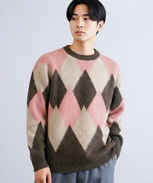 モヘアタッチ アーガイル クルーネック ニットセーター | メンズ メンズニット ネイビー ブラウン アーガイル 厚手