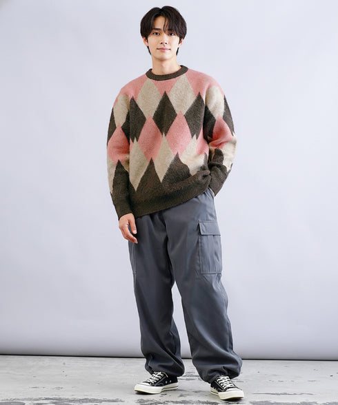 モヘアタッチ アーガイル クルーネック ニットセーター | メンズ メンズニット ネイビー ブラウン アーガイル 厚手