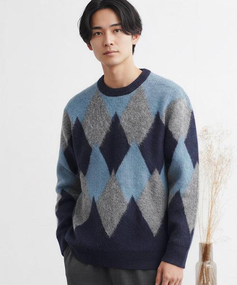 モヘアタッチ アーガイル クルーネック ニットセーター | メンズ メンズニット ネイビー ブラウン アーガイル 厚手