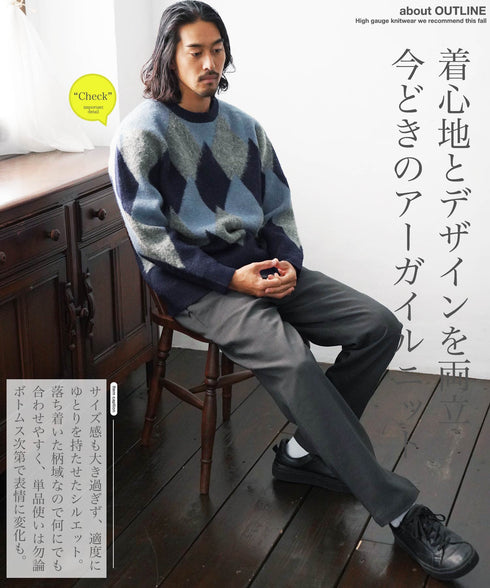 モヘアタッチアーガイルクルーネックニットセーター