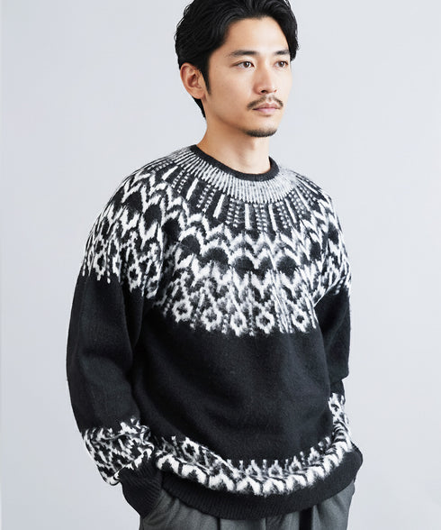 モヘアタッチノルディック求心柄モックネックニットセーター