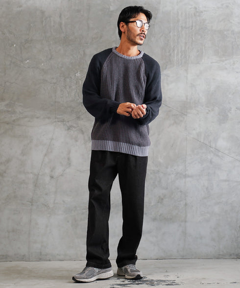 配色ローゲージラグランリブ編みニットセーター