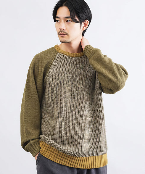 配色ローゲージラグランリブ編みニットセーター