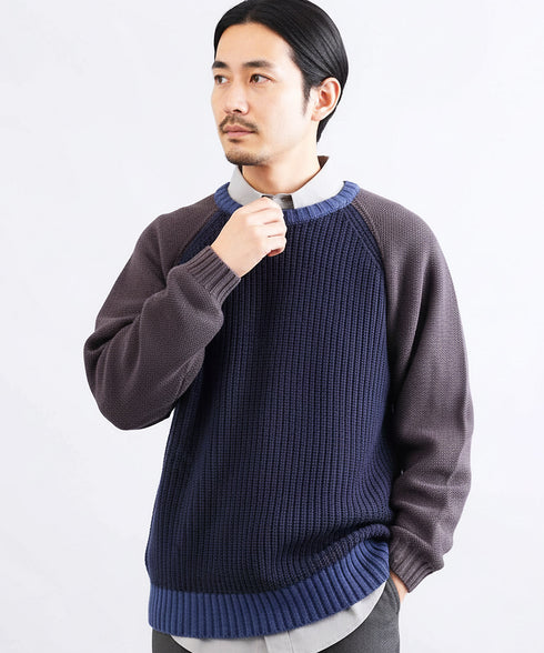 配色ローゲージラグランリブ編みニットセーター