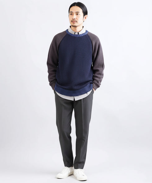 配色ローゲージラグランリブ編みニットセーター