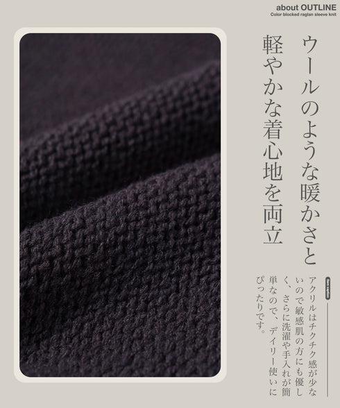 配色ローゲージラグランリブ編みニットセーター