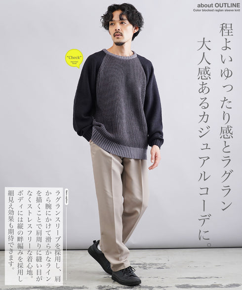 配色ローゲージラグランリブ編みニットセーター
