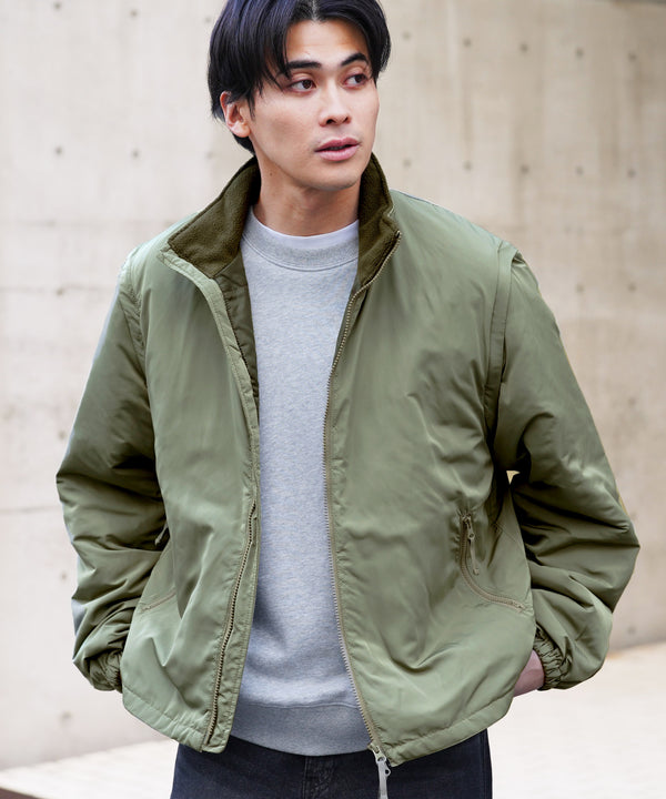 袖取り外し中綿フルジップブルゾン | ブルゾン 中綿 あったか ベスト ライトアウター 2wai 脱着 短丈 スタンドカラー ダブルジップ メンズ