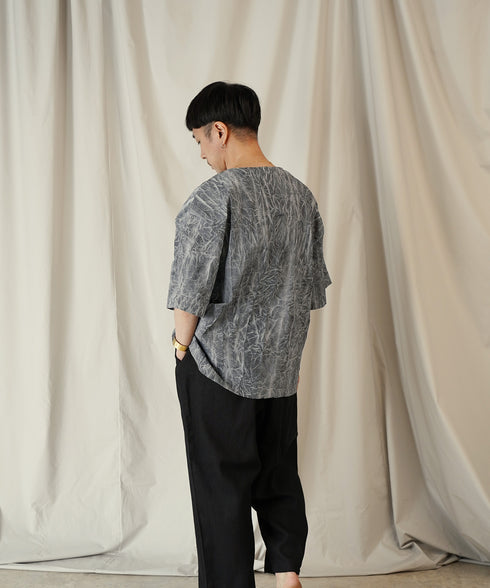 ムラ染め クラッシュプリーツ H/S クルーネック プルオーバー